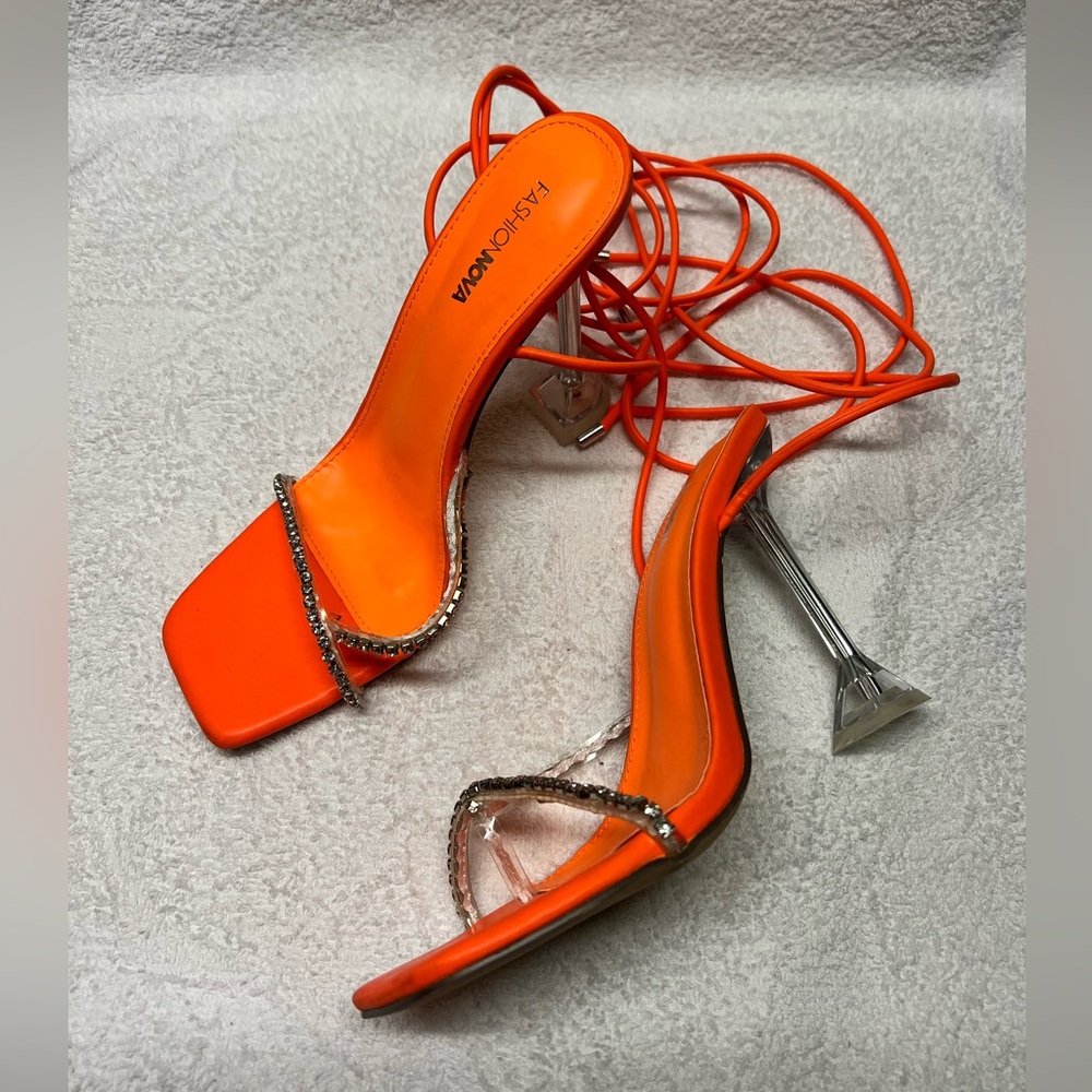 Fashion Nova Bright Orange Lace-Up Stiletto Sandals Heels Rhinestone Strap Sz 9